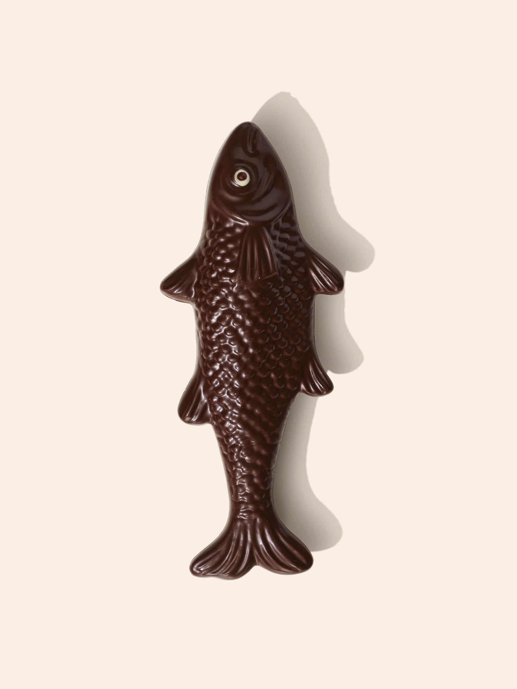A large, hollow dark chocolate in the shape of a fish.